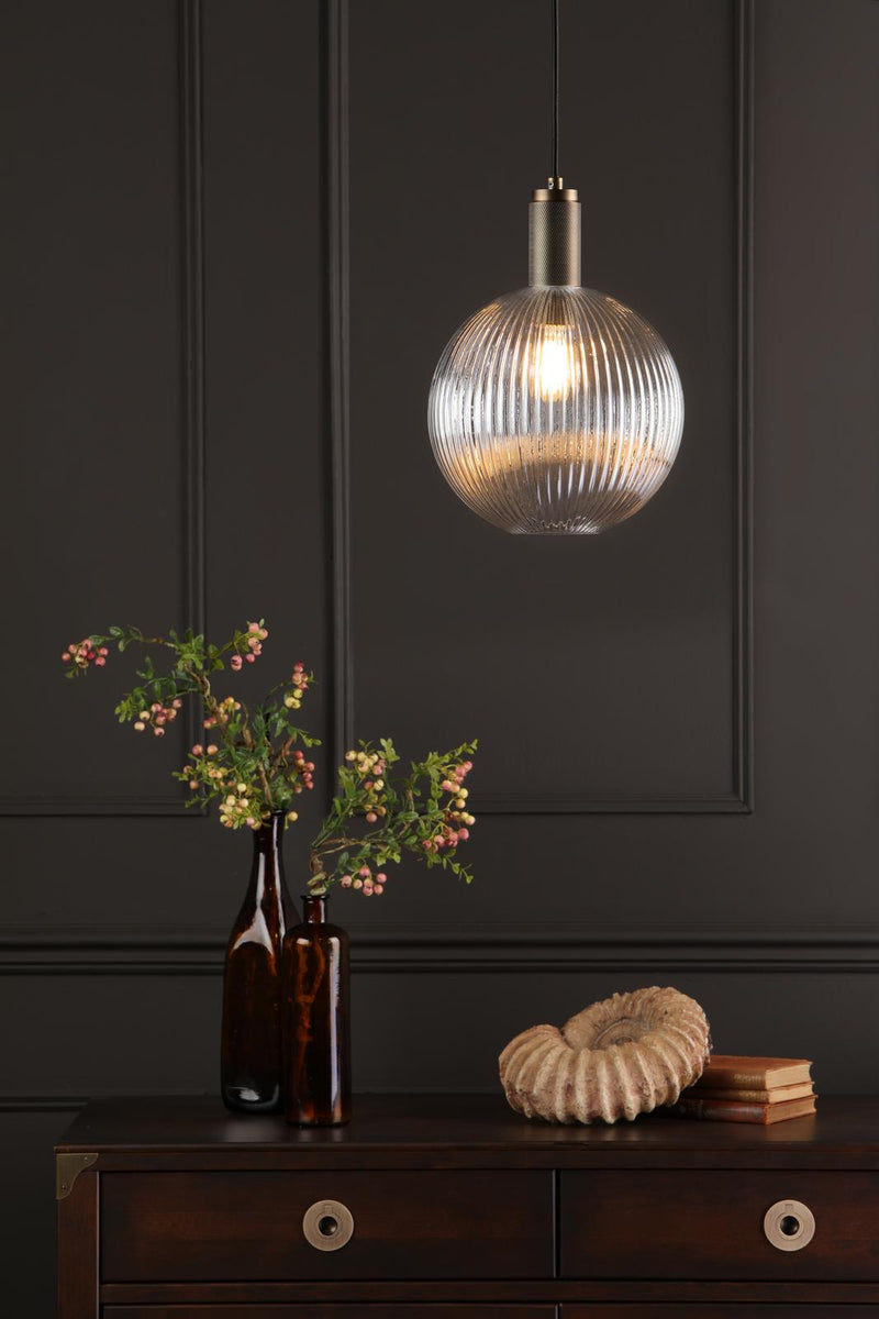 Dar Lighting Nikolas Pendant Natural Solid Brass Ribbed Round Glass  • NIK0140-E02