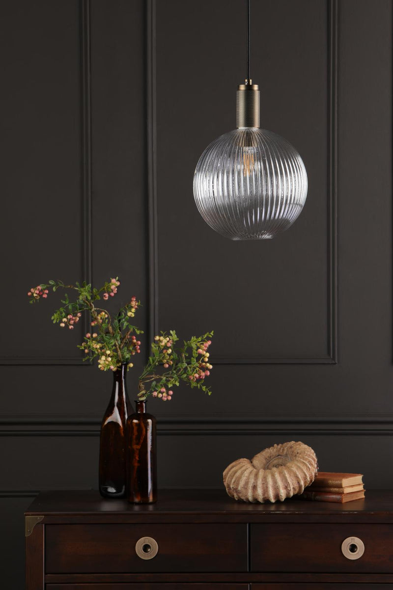 Dar Lighting Nikolas Pendant Natural Solid Brass Ribbed Round Glass  • NIK0140-E02