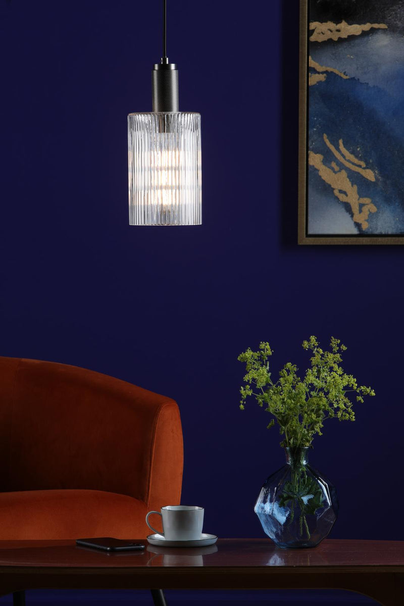 Dar Lighting Nikolas Pendant Antique Chrome Ribbed Cylinder Glass • NIK0167-E01