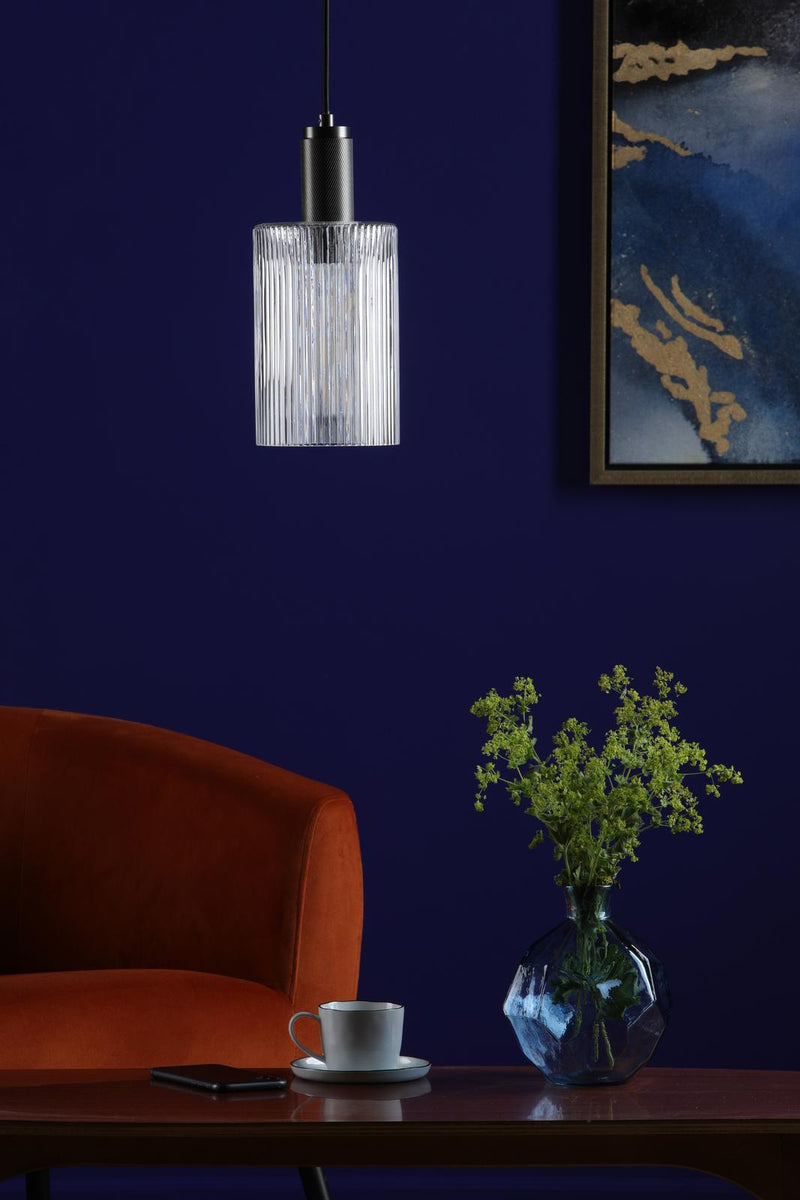 Dar Lighting Nikolas Pendant Antique Chrome Ribbed Cylinder Glass • NIK0167-E01