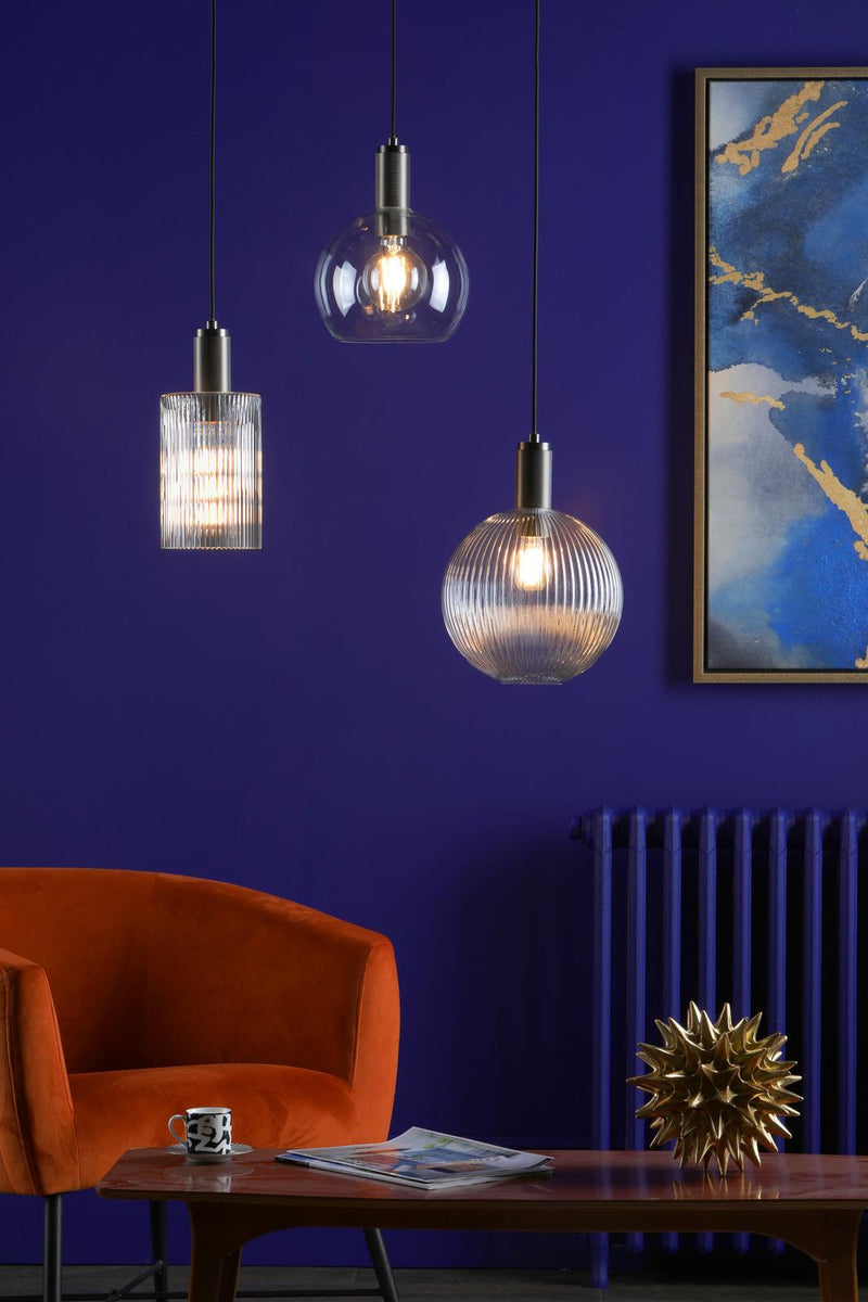 Dar Lighting Nikolas Pendant Antique Chrome Ribbed Round Glass  • NIK0167-E02