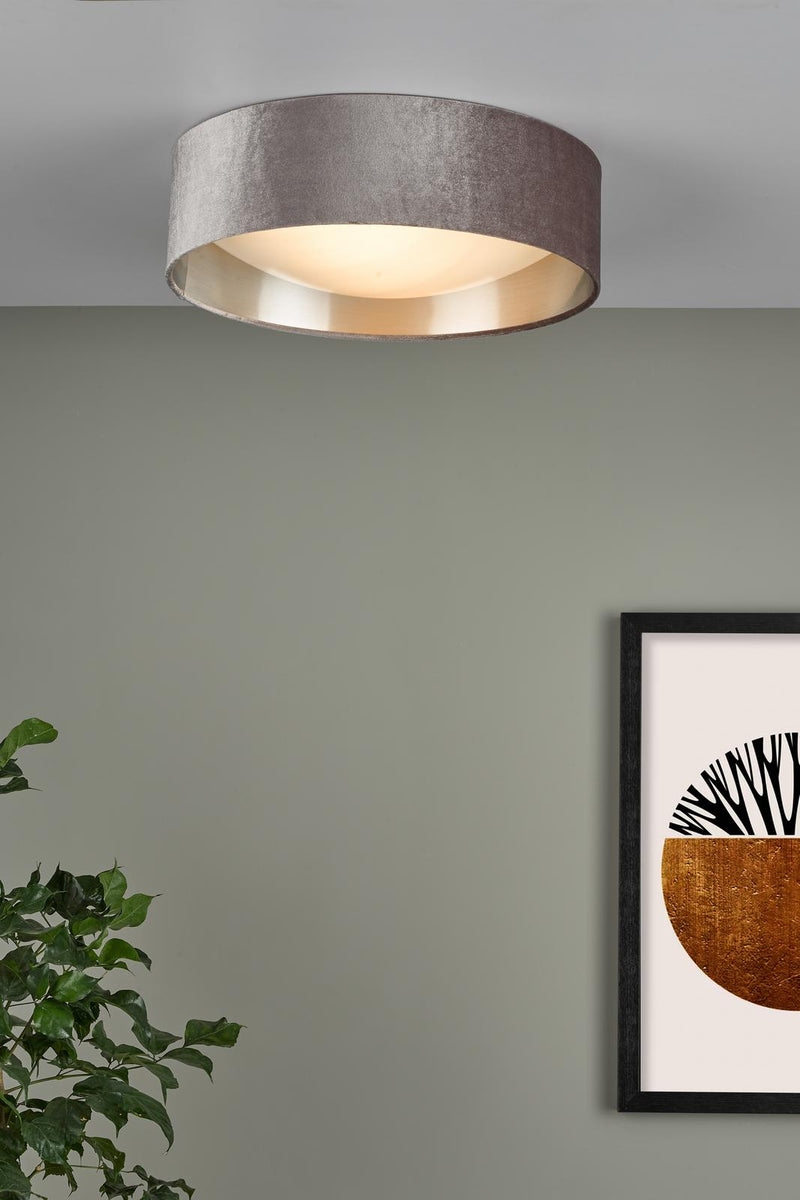 Dar Lighting Nysa 2 Light Flush Velvet Warm Grey Shade 40cm • NYS5037