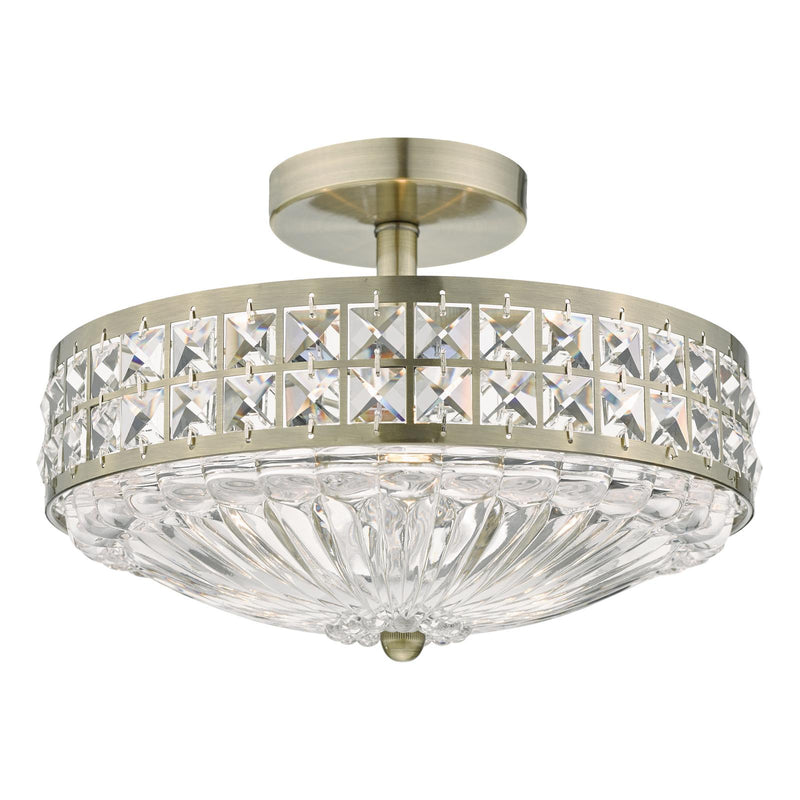 Dar Lighting Olona 3L Light Semi Flush Antique Brass Crystal Beads and Glass Diffuser   • OLO5375