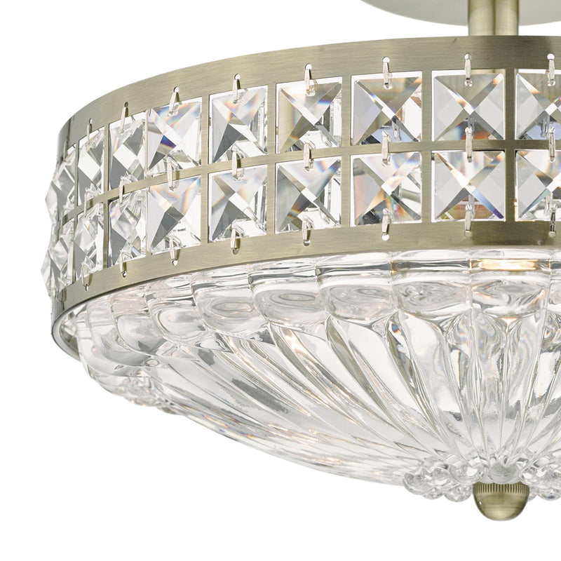 Dar Lighting Olona 3L Light Semi Flush Antique Brass Crystal Beads and Glass Diffuser   • OLO5375