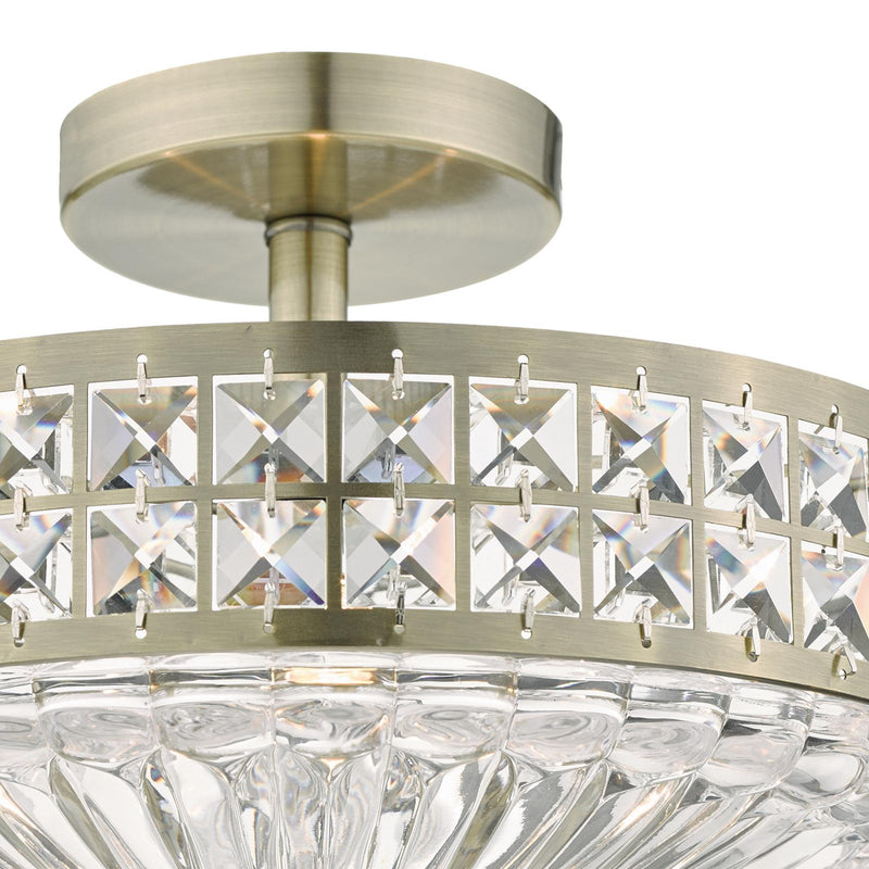 Dar Lighting Olona 3L Light Semi Flush Antique Brass Crystal Beads and Glass Diffuser   • OLO5375
