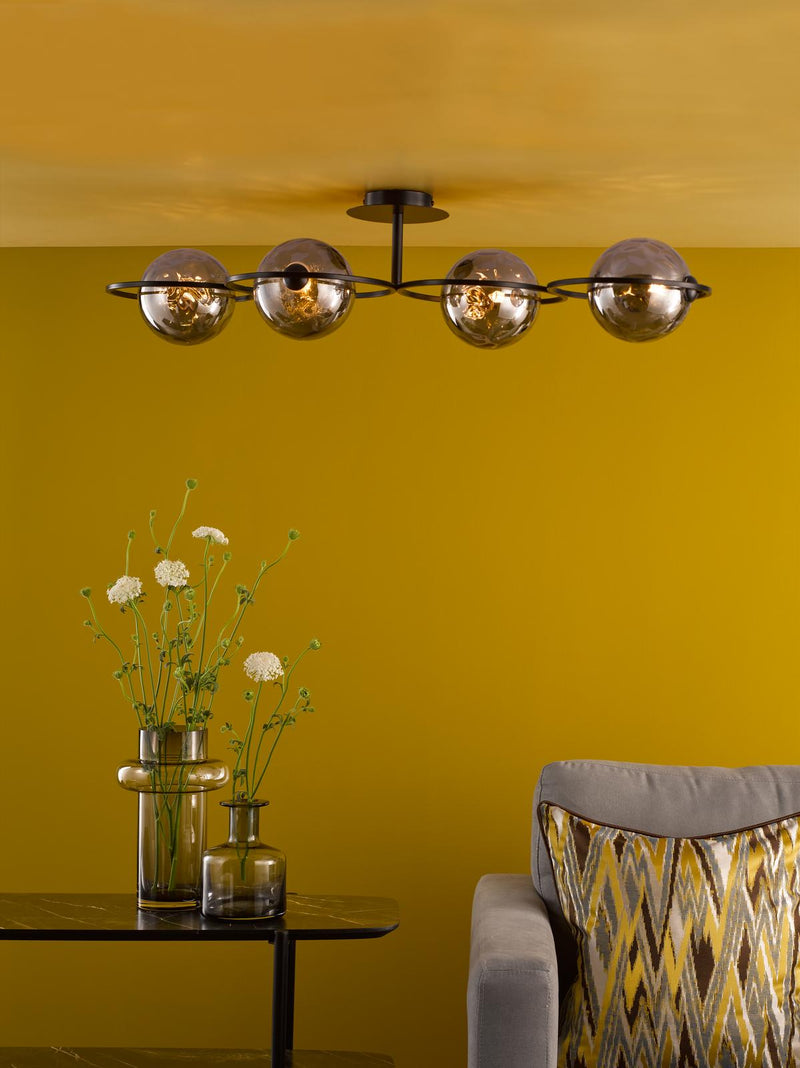 Dar Lighting Olympus 4 Light Semi-Flush Matt Black With Smoked Dimpled Glass • OLY0422-10