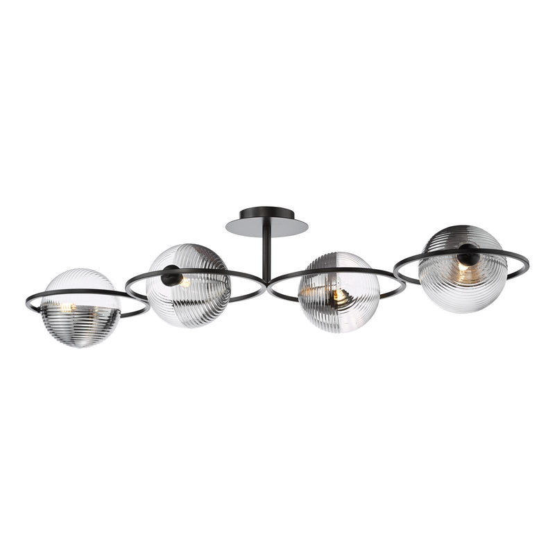 Dar Lighting Olympus 4 Light Semi-Flush Matt Black With Smoked/Clear Ribbed Glass • OLY0422-19