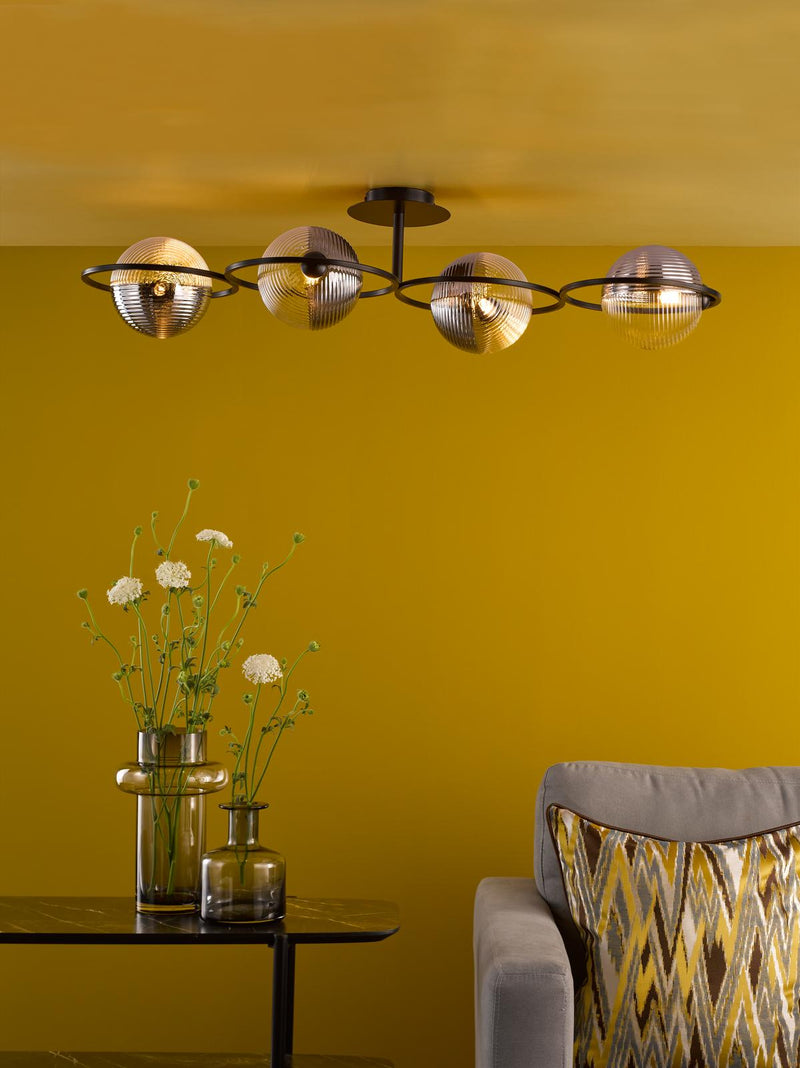 Dar Lighting Olympus 4 Light Semi-Flush Matt Black With Smoked/Clear Ribbed Glass • OLY0422-19