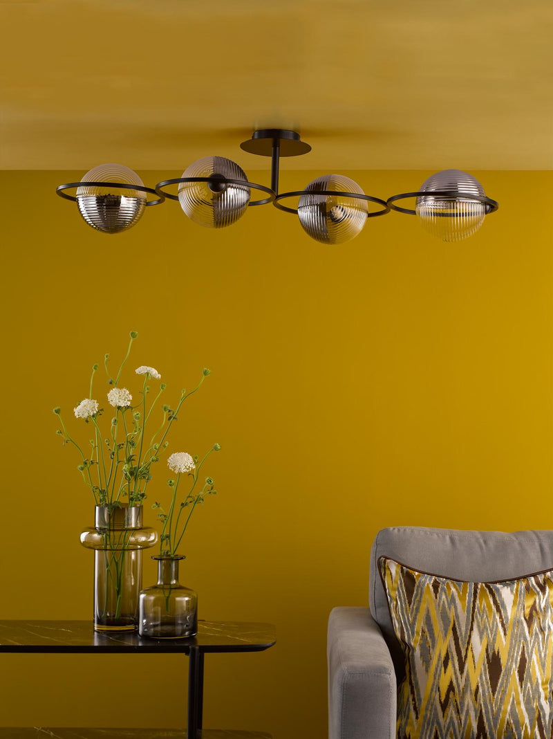Dar Lighting Olympus 4 Light Semi-Flush Matt Black With Smoked/Clear Ribbed Glass • OLY0422-19