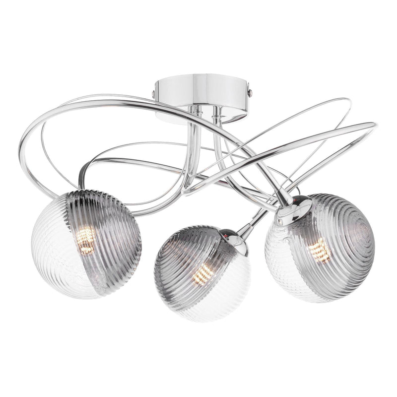 Dar Lighting Onawa 3 Light Semi Flush Polished Chrome With Smoked/Clear Ribbed Glass • ONA5350-18