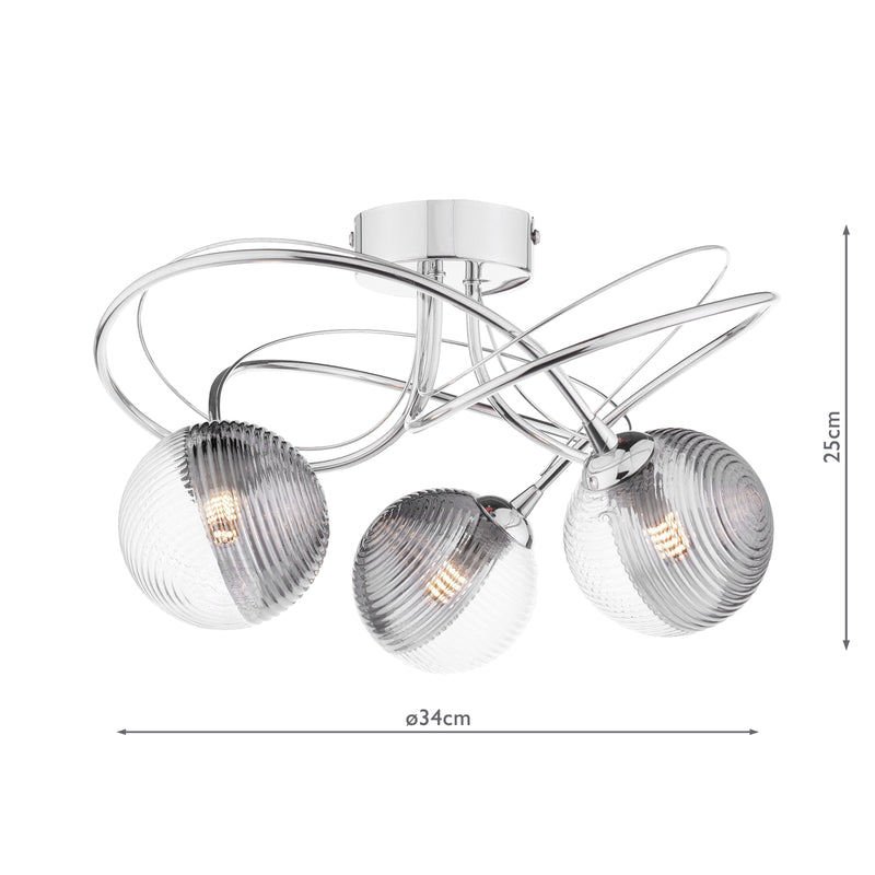 Dar Lighting Onawa 3 Light Semi Flush Polished Chrome With Smoked/Clear Ribbed Glass • ONA5350-18