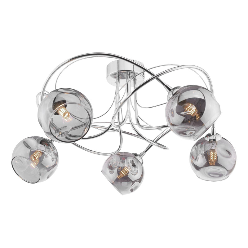 Dar Lighting Onawa 5lt Semi Flush Polished Chrome With Organic Smoked Glass • ONA5450-15