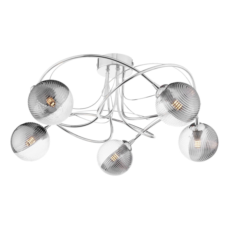 Dar Lighting Onawa 5lt Semi Flush Polished Chrome With Smoked/Clear Ribbed Glass • ONA5450-18