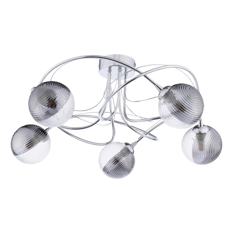 Dar Lighting Onawa 5lt Semi Flush Polished Chrome With Smoked/Clear Ribbed Glass • ONA5450-18