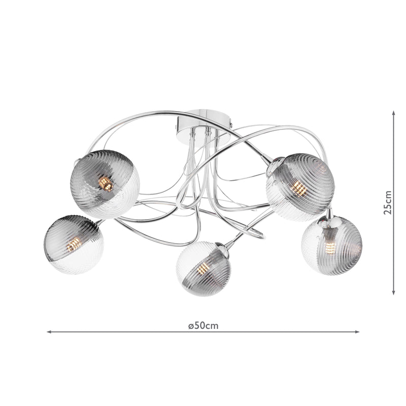Dar Lighting Onawa 5lt Semi Flush Polished Chrome With Smoked/Clear Ribbed Glass • ONA5450-18