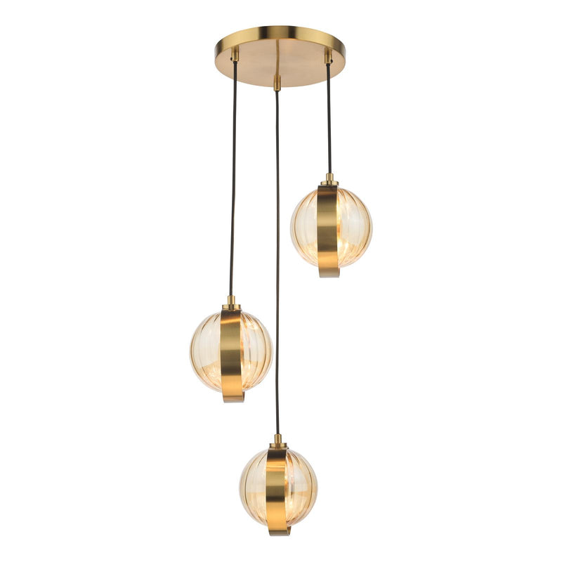 Dar Lighting Ophira 3 Light Cluster Pendant Antique Gold and Amber Ribbed Glass • OPH0335
