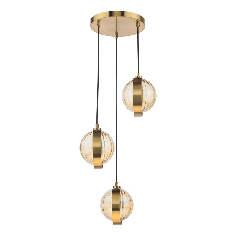 Dar Lighting Ophira 3 Light Cluster Pendant Antique Gold and Amber Ribbed Glass • OPH0335