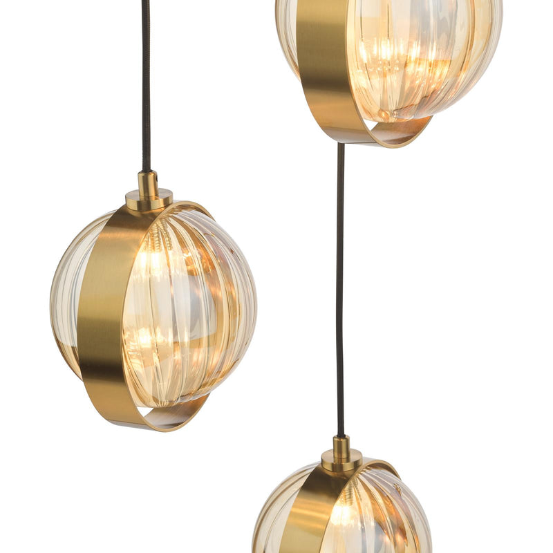 Dar Lighting Ophira 3 Light Cluster Pendant Antique Gold and Amber Ribbed Glass • OPH0335