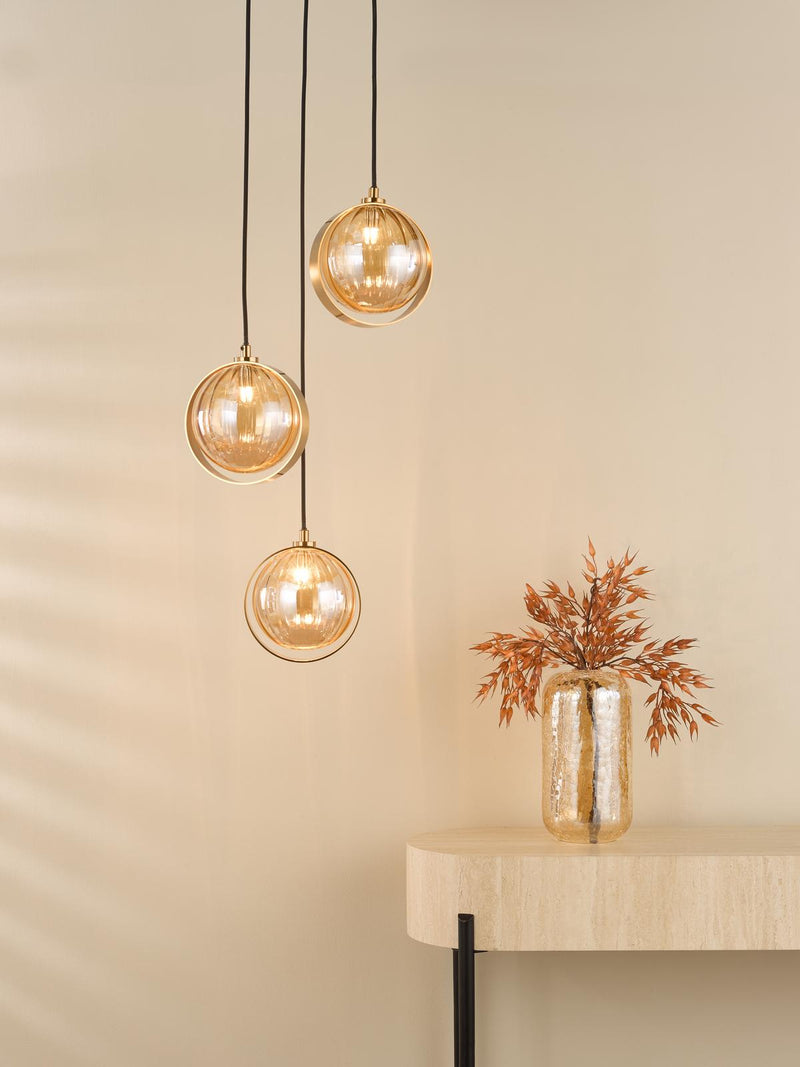 Dar Lighting Ophira 3 Light Cluster Pendant Antique Gold and Amber Ribbed Glass • OPH0335