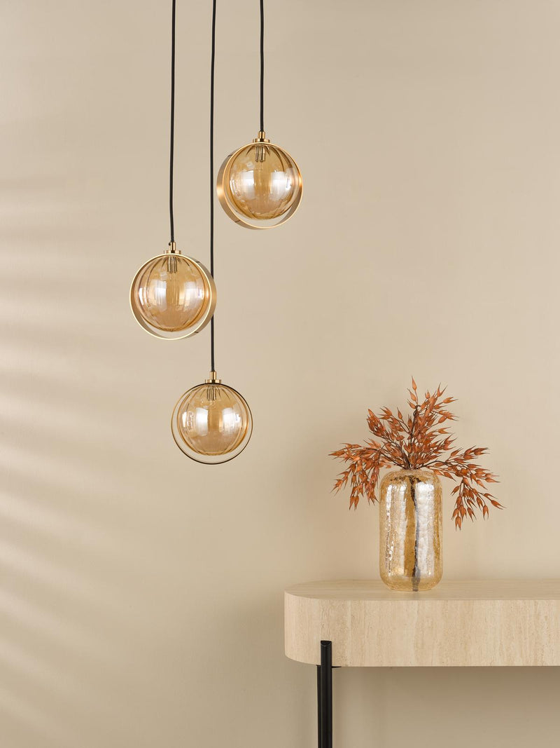 Dar Lighting Ophira 3 Light Cluster Pendant Antique Gold and Amber Ribbed Glass • OPH0335