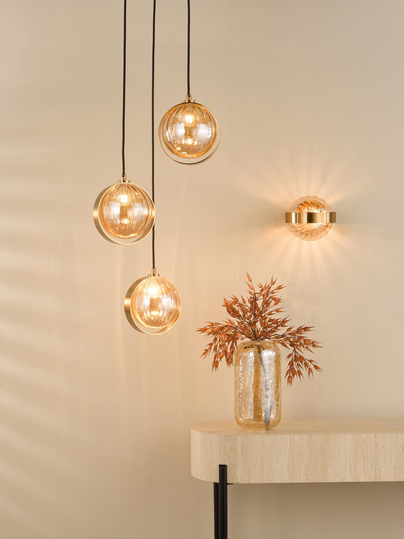 Dar Lighting Ophira 3 Light Cluster Pendant Antique Gold and Amber Ribbed Glass • OPH0335