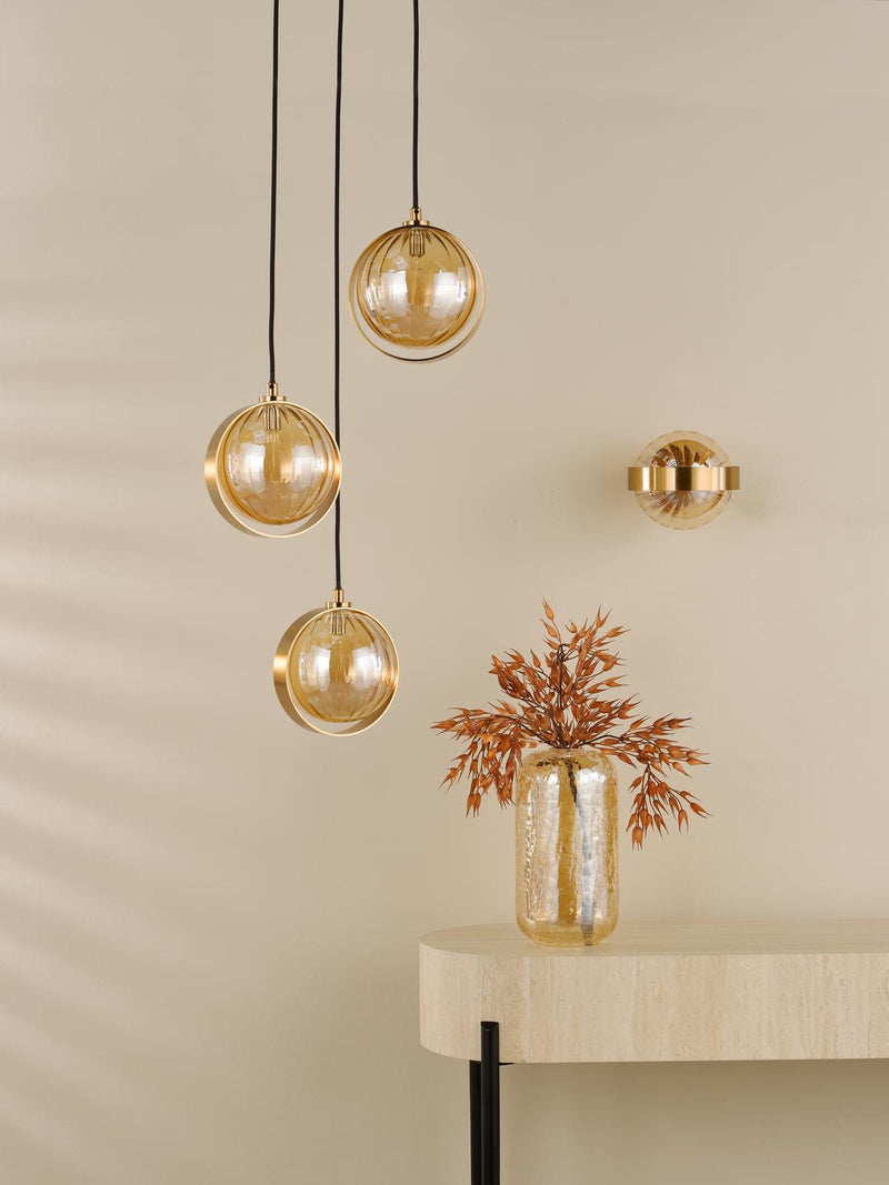 Dar Lighting Ophira 3 Light Cluster Pendant Antique Gold and Amber Ribbed Glass • OPH0335