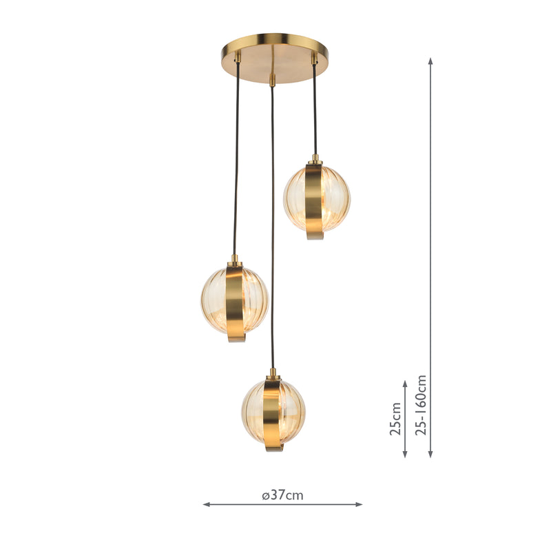 Dar Lighting Ophira 3 Light Cluster Pendant Antique Gold and Amber Ribbed Glass • OPH0335