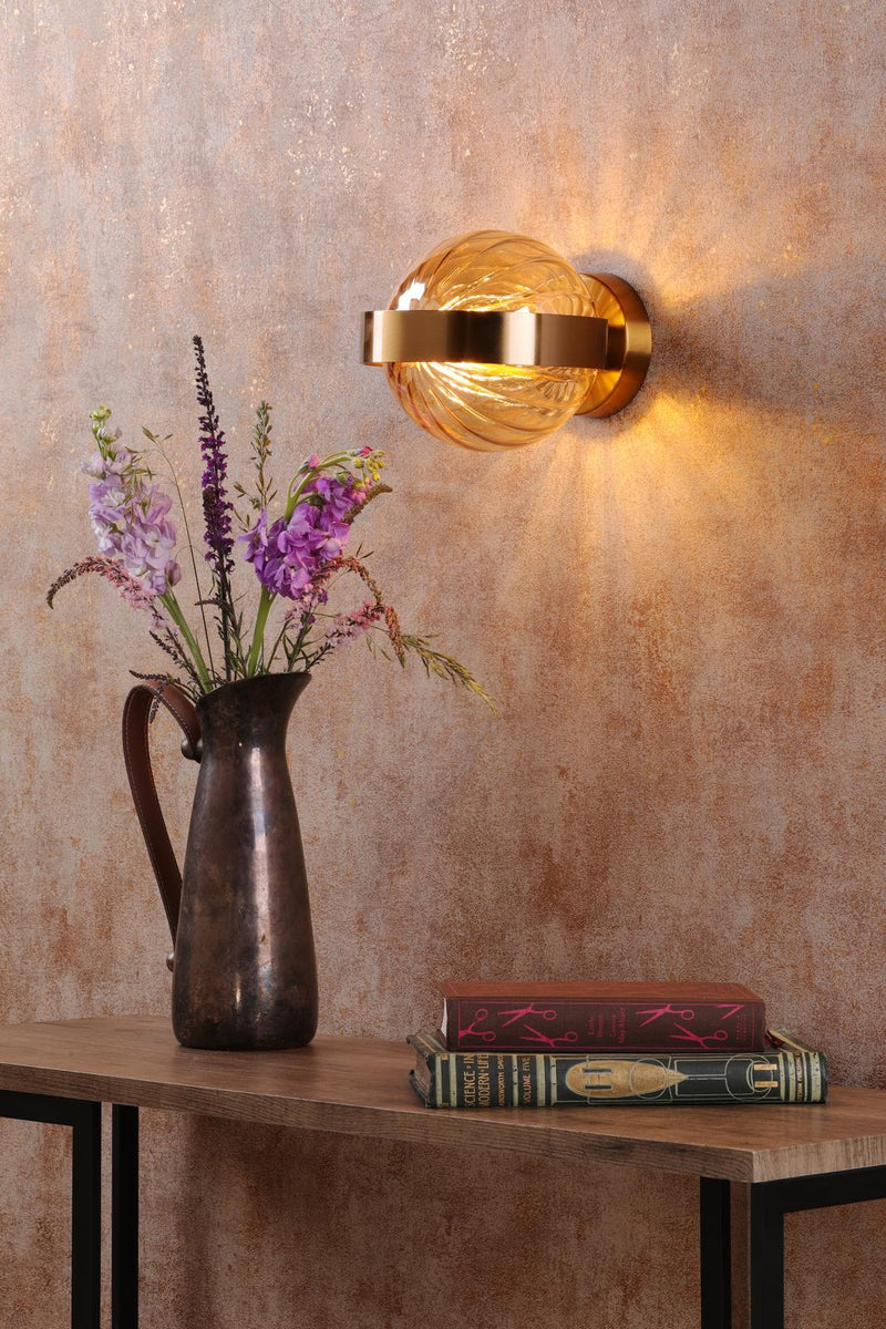Dar Lighting Ophira Wall Light Antique Gold and Amber Ribbed Glass • OPH0735