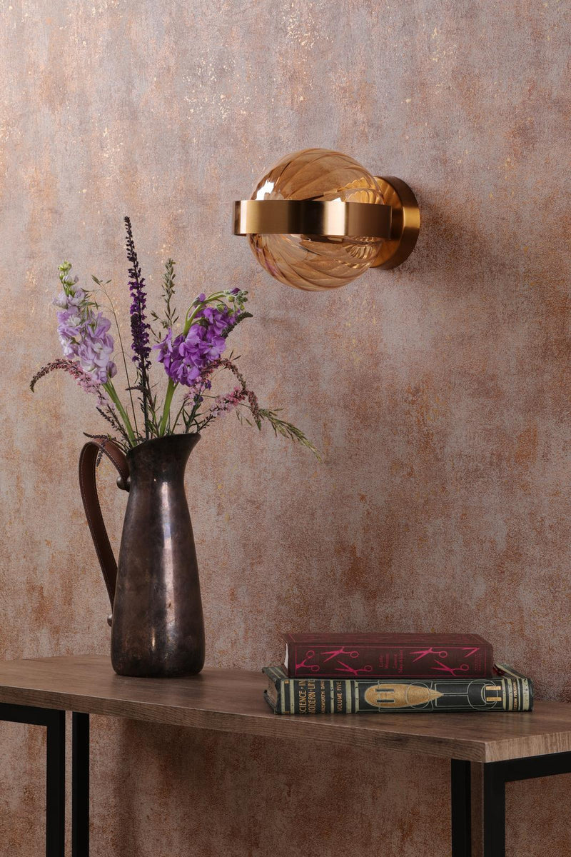 Dar Lighting Ophira Wall Light Antique Gold and Amber Ribbed Glass • OPH0735