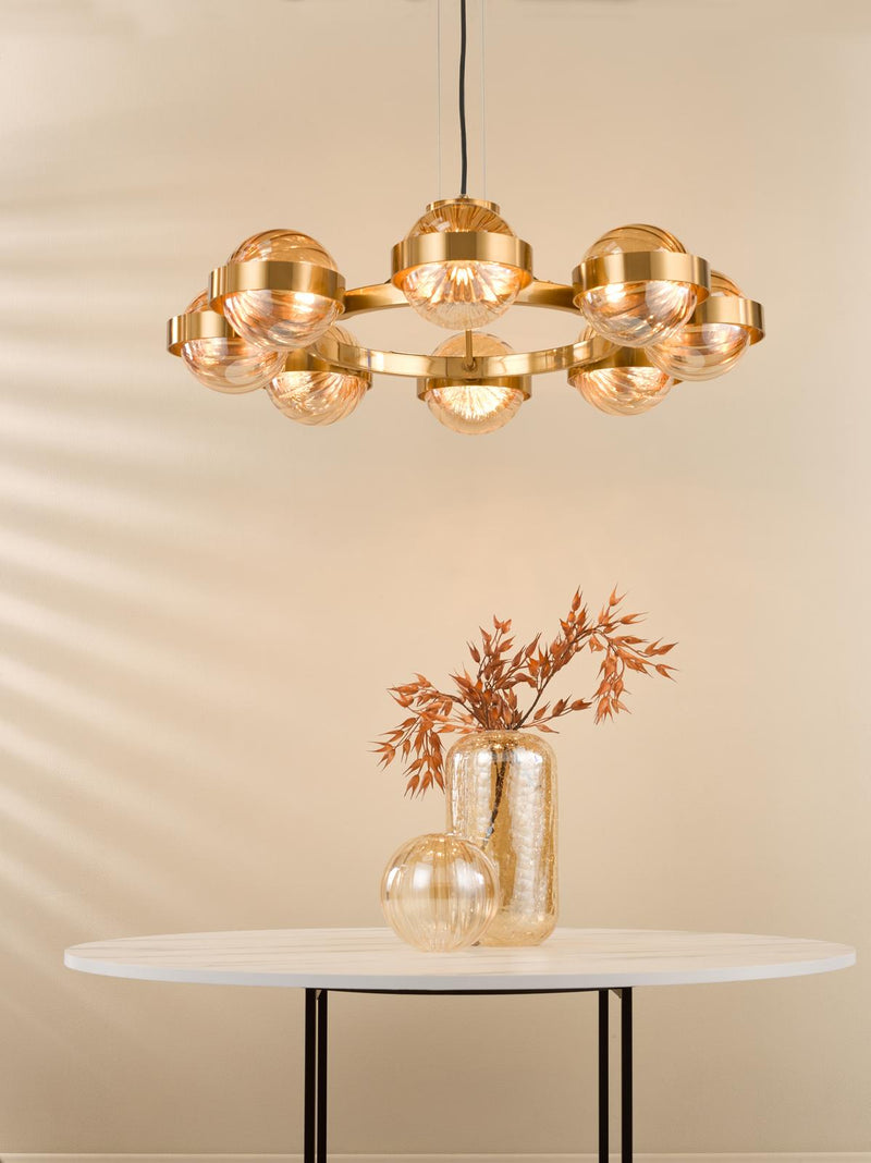 Dar Lighting Ophira 8 Light Pendant Antique Gold and Amber Ribbed Glass • OPH0835