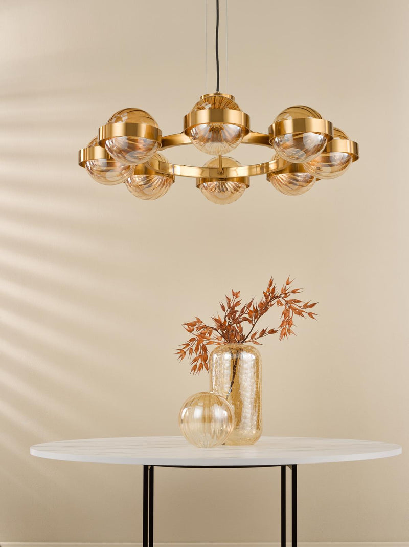 Dar Lighting Ophira 8 Light Pendant Antique Gold and Amber Ribbed Glass • OPH0835