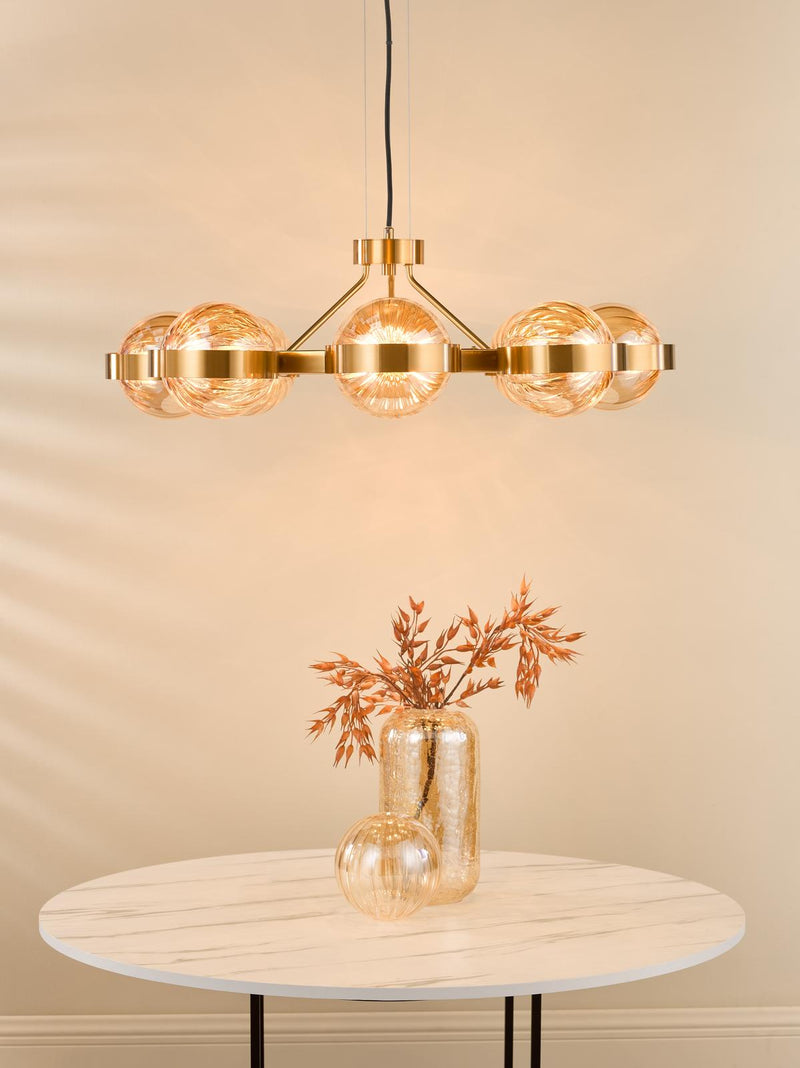 Dar Lighting Ophira 8 Light Pendant Antique Gold and Amber Ribbed Glass • OPH0835