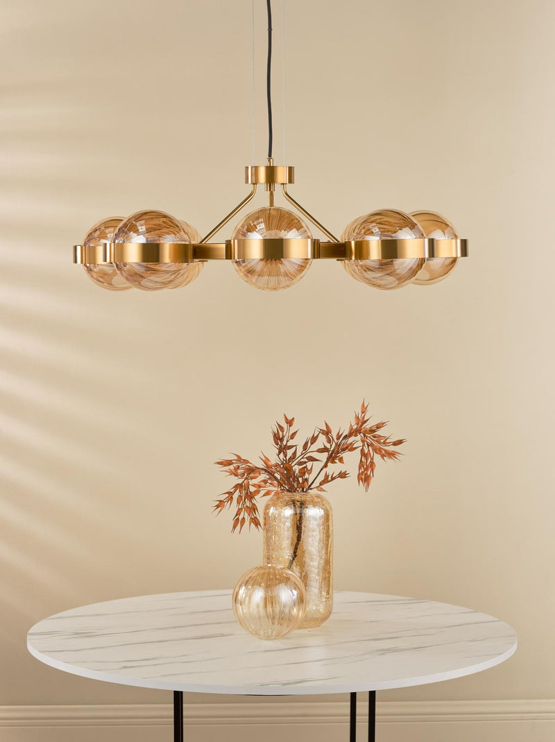 Dar Lighting Ophira 8 Light Pendant Antique Gold and Amber Ribbed Glass • OPH0835