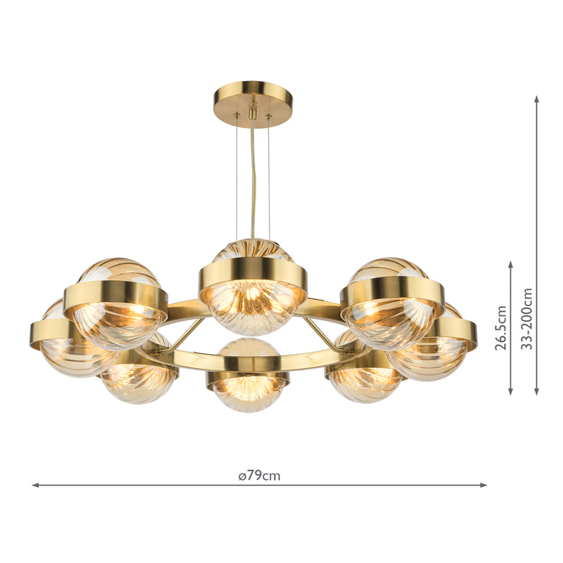 Dar Lighting Ophira 8 Light Pendant Antique Gold and Amber Ribbed Glass • OPH0835