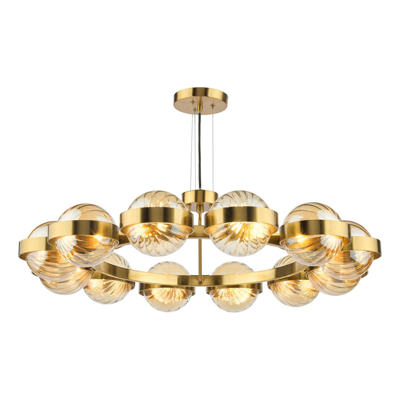 Dar Lighting Ophira 12 Light Pendant Antique Gold and Amber Ribbed Glass • OPH1235