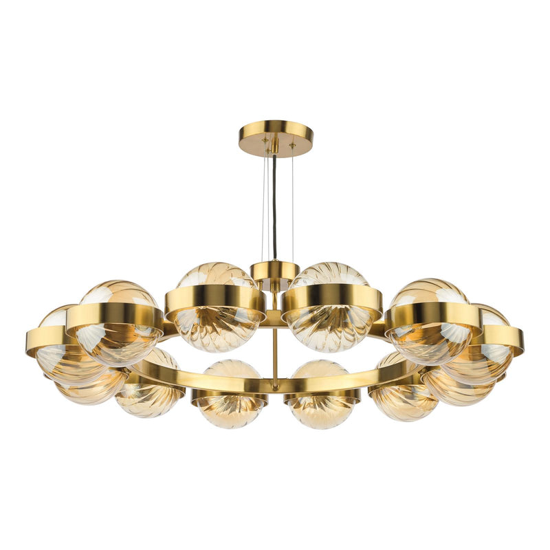 Dar Lighting Ophira 12 Light Pendant Antique Gold and Amber Ribbed Glass • OPH1235