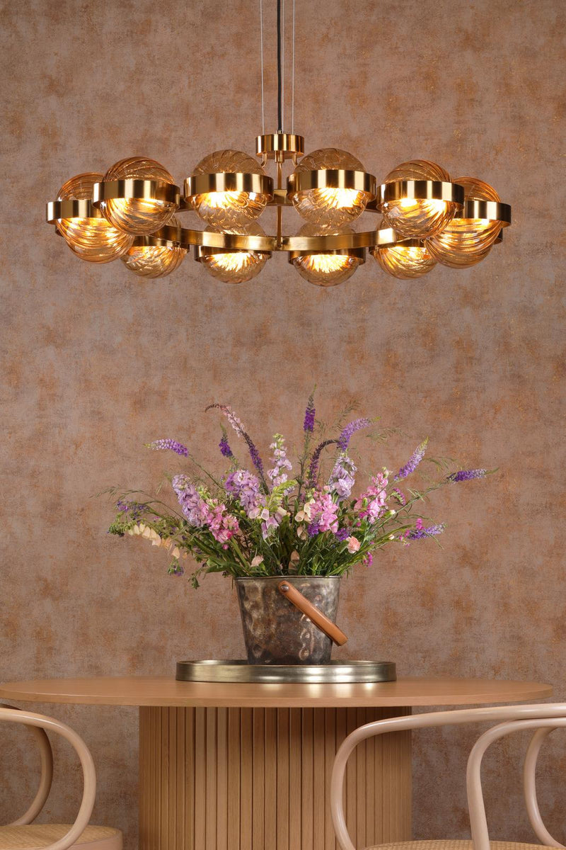 Dar Lighting Ophira 12 Light Pendant Antique Gold and Amber Ribbed Glass • OPH1235
