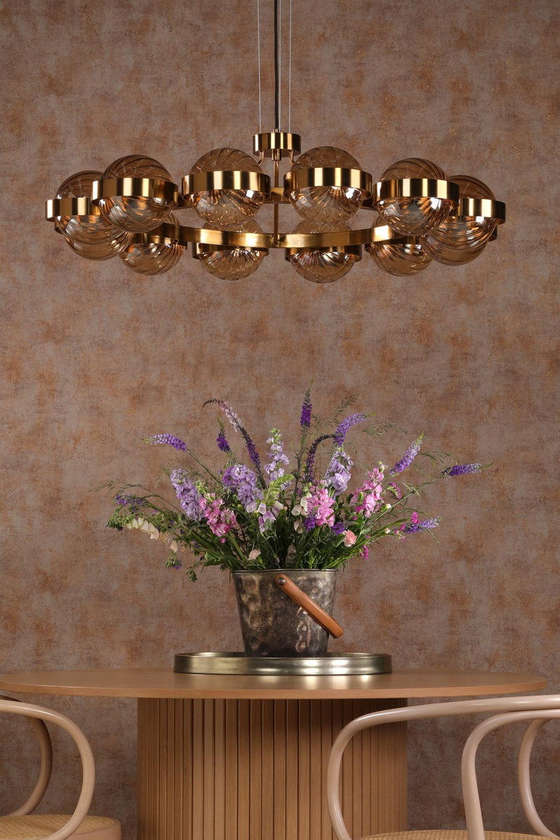 Dar Lighting Ophira 12 Light Pendant Antique Gold and Amber Ribbed Glass • OPH1235