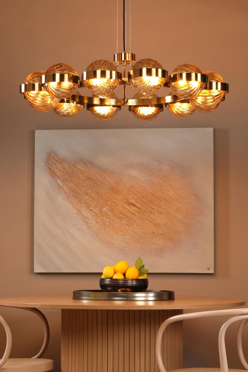 Dar Lighting Ophira 12 Light Pendant Antique Gold and Amber Ribbed Glass • OPH1235