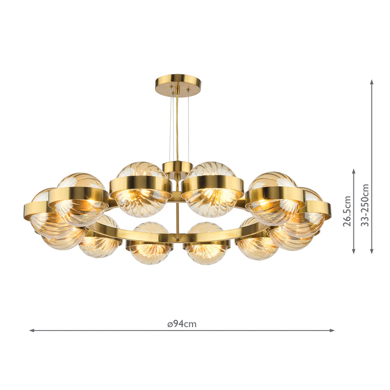 Dar Lighting Ophira 12 Light Pendant Antique Gold and Amber Ribbed Glass • OPH1235