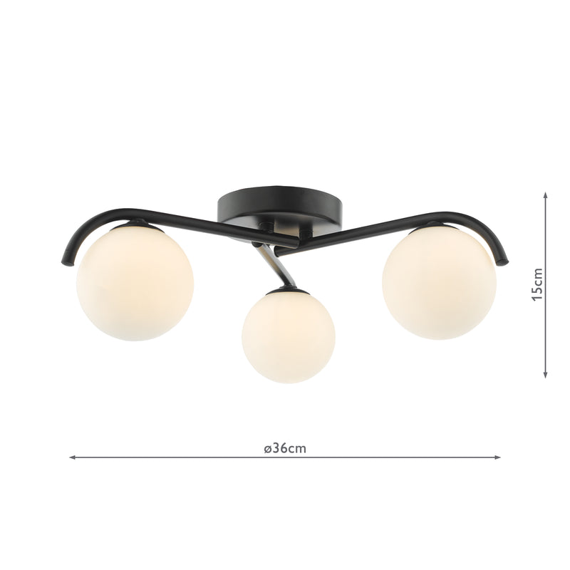 Dar Lighting Orlena 3 Light Flush Matt Black and Opal Glass • ORL5322