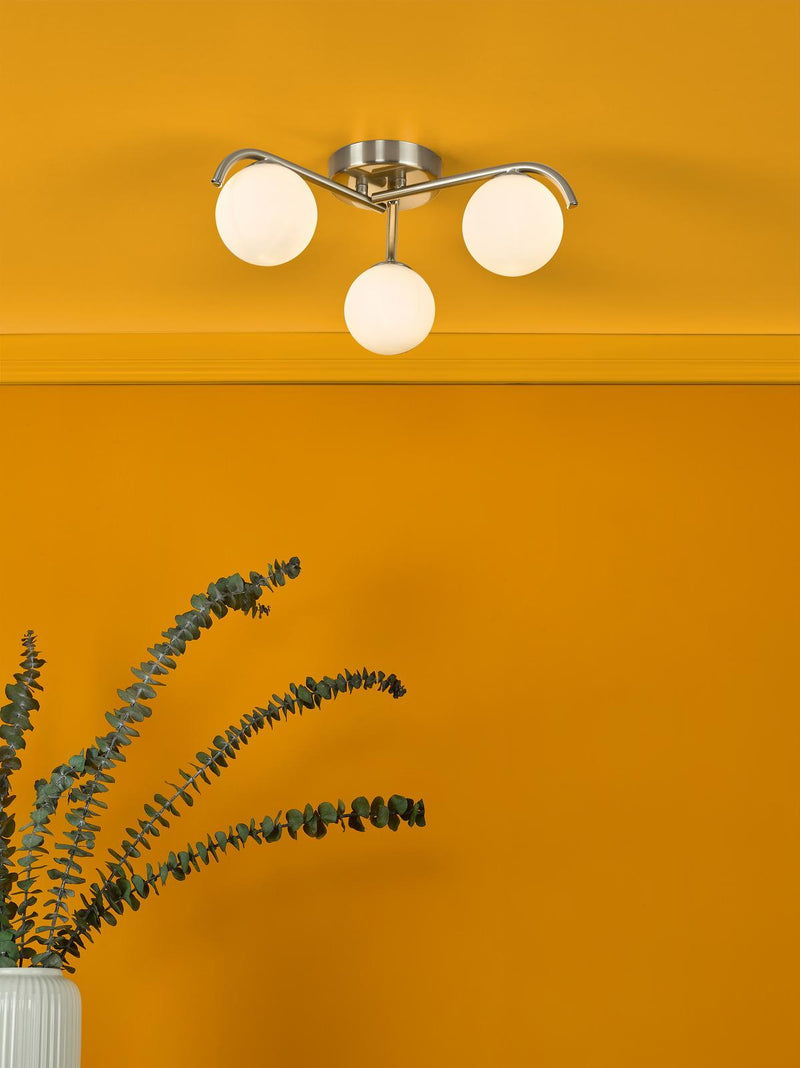 Dar Lighting Orlena 3 Light Flush Satin Chrome and Opal Glass • ORL5346