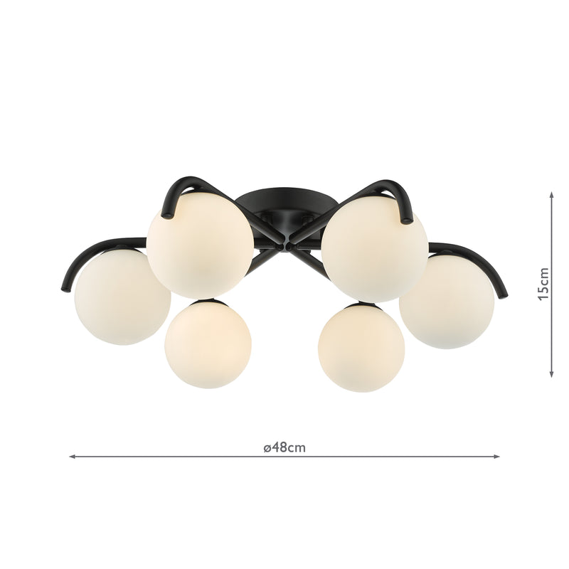 Dar Lighting Orlena 6 Light Flush Matt Black and Opal Glass • ORL6422
