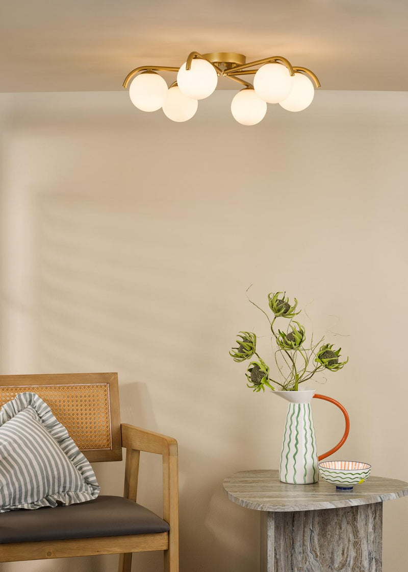 Dar Lighting Orlena 6 Light Flush Satin Gold and Opal Glass • ORL6435
