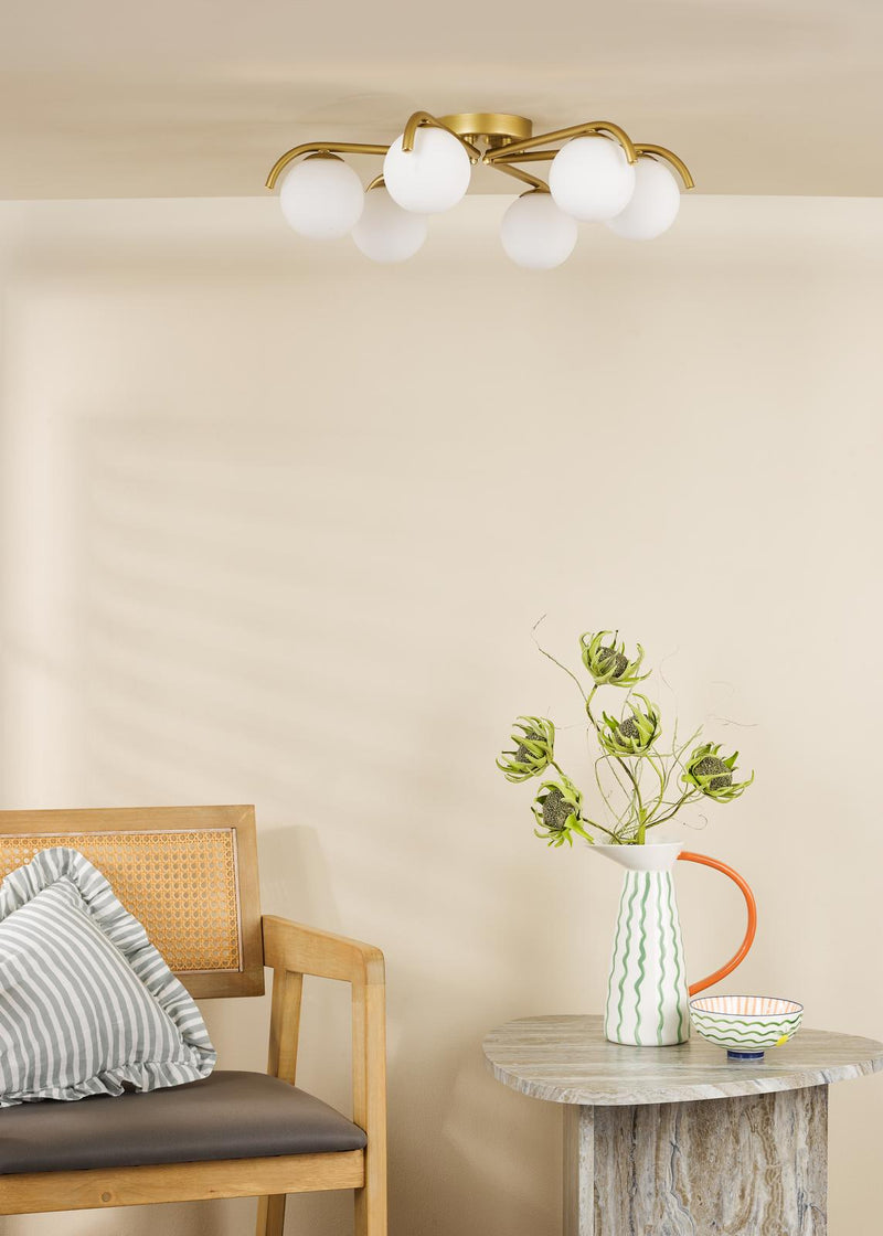 Dar Lighting Orlena 6 Light Flush Satin Gold and Opal Glass • ORL6435