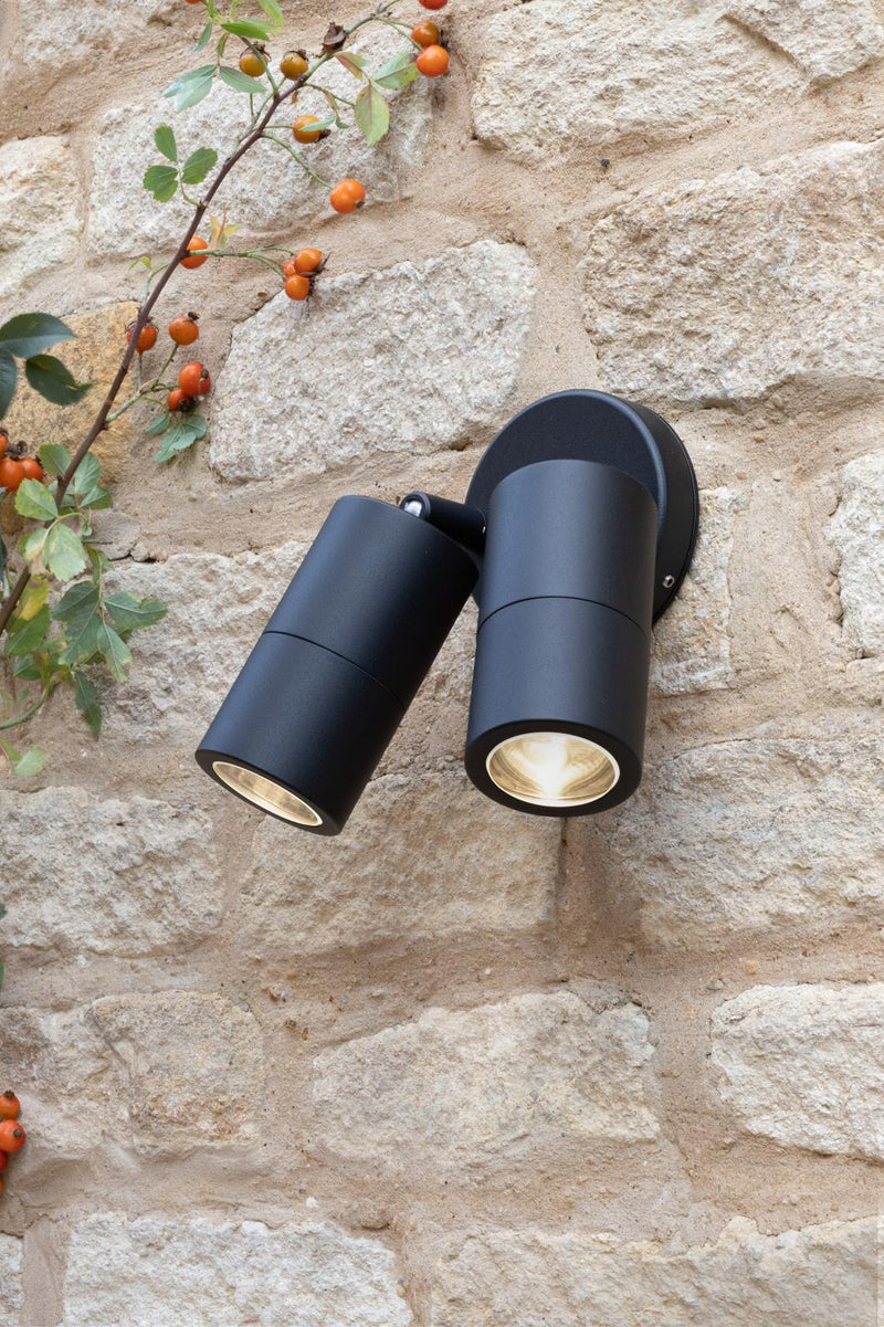Dar Lighting Ortega Outdoor 2 Light Wall Spotlight Matt Black IP65 • ORT0922