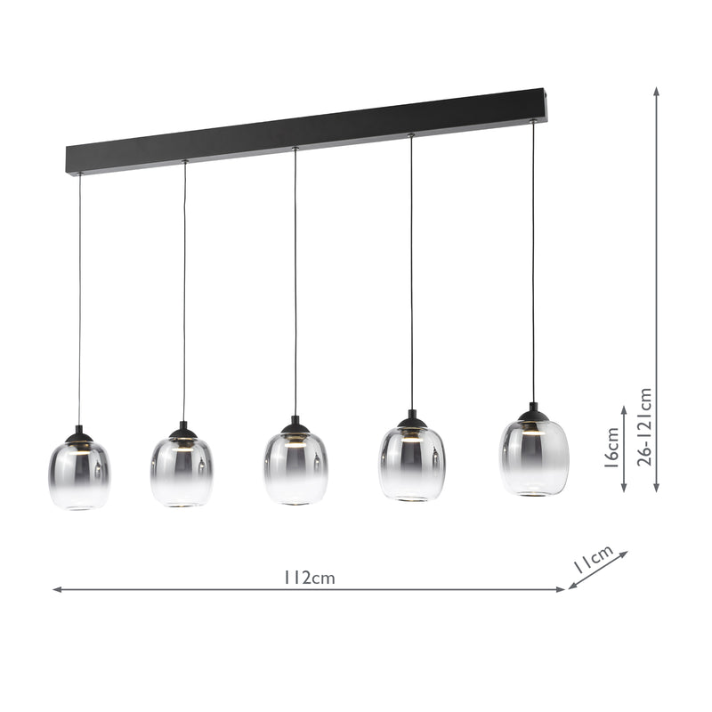 Dar Lighting Ramona 5 Light Bar Pendant Matt Black and Smoked Ombre Glass LED • RAM0522