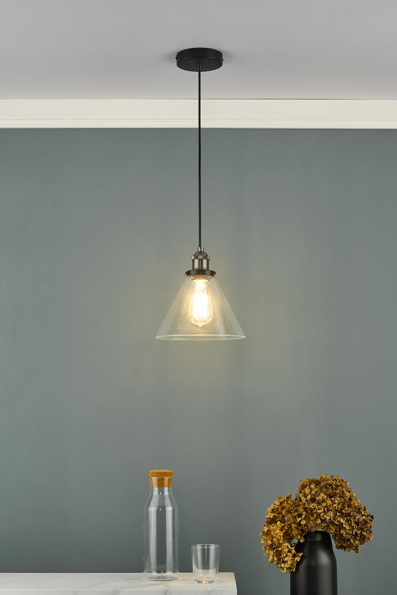 Dar Lighting Ray 1 Light Single Pendant Antique Nickel Clear Glass • RAY0138