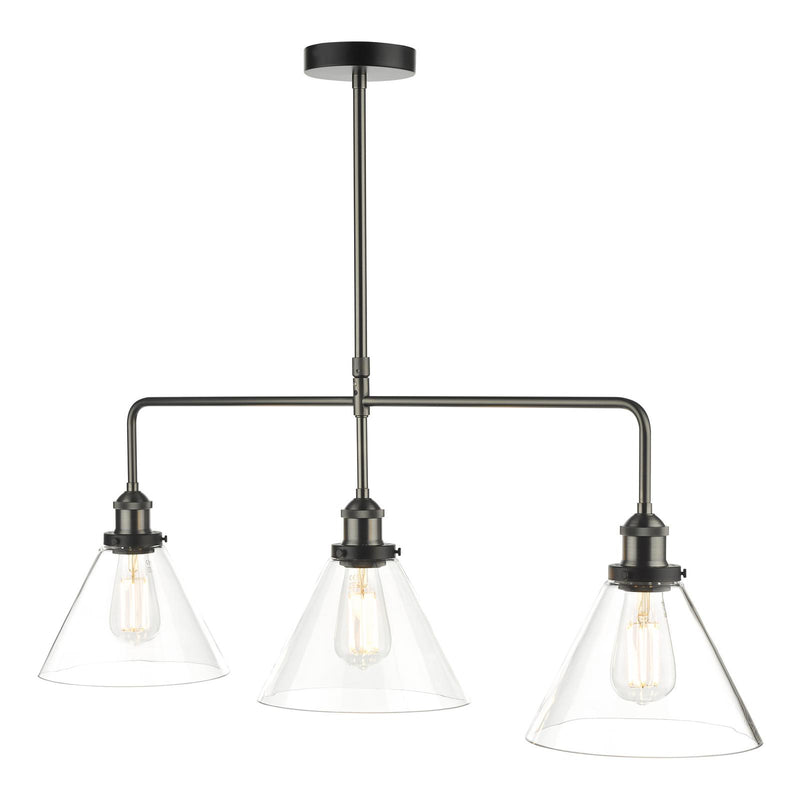 Dar Lighting Ray 3 Light Bar Pendant Antique Nickel Clear Glass • RAY0338