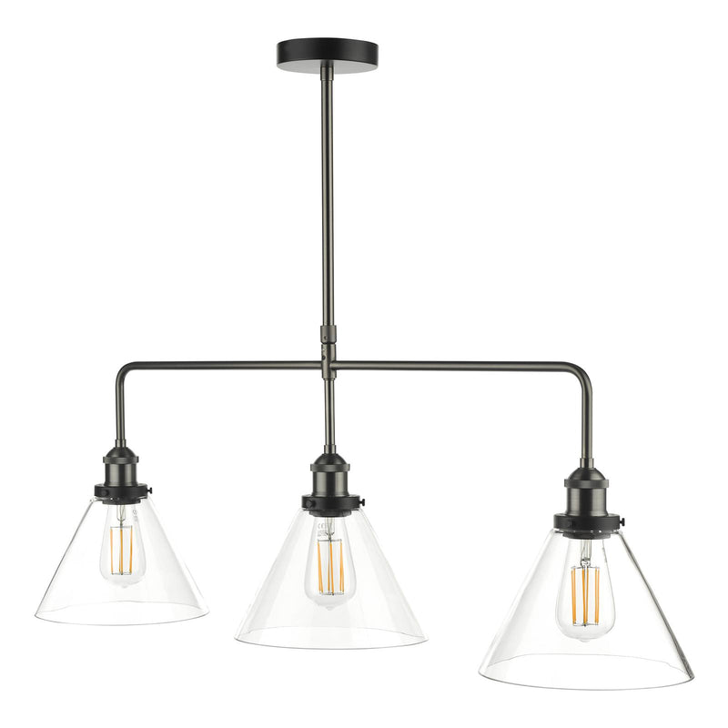Dar Lighting Ray 3 Light Bar Pendant Antique Nickel Clear Glass • RAY0338